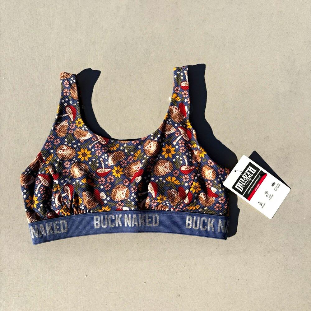 NWT Duluth Trading Co Buck Naked Women’s Low Impact Bra Small Floral Porcupines